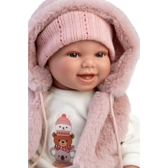 Llorens Babypuppe mit Geräuschen und weichem Körper in einer Fellweste mit Kapuze 38 cm