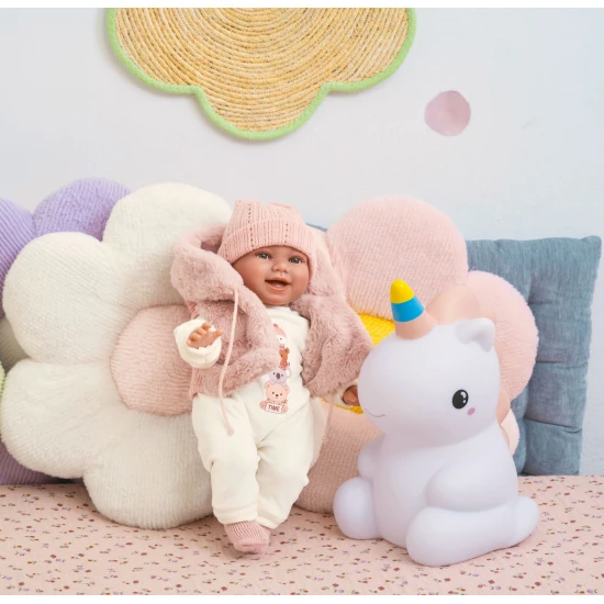 Llorens Babypuppe mit Geräuschen und weichem Körper in einer Fellweste mit Kapuze 38 cm