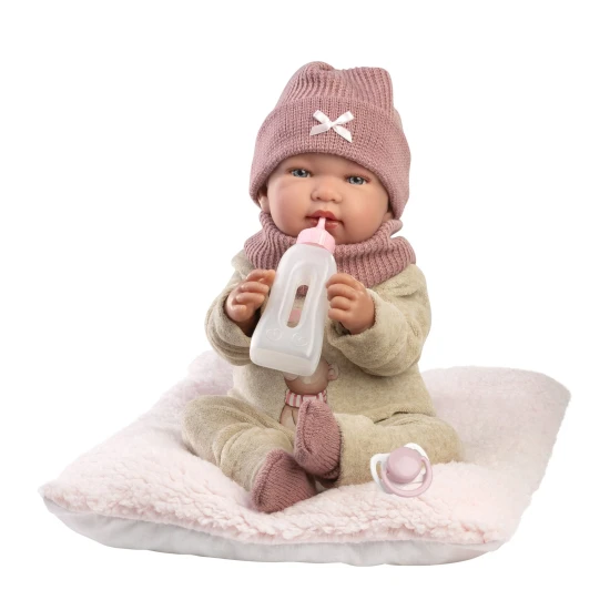 Llorens Babypuppe mit Geräuschen und weichem Körper mit Katzenohren-Mütze 44 cm