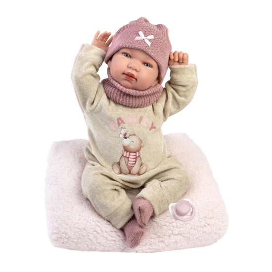 Llorens Babypuppe mit Geräuschen und weichem Körper mit Katzenohren-Mütze 44 cm