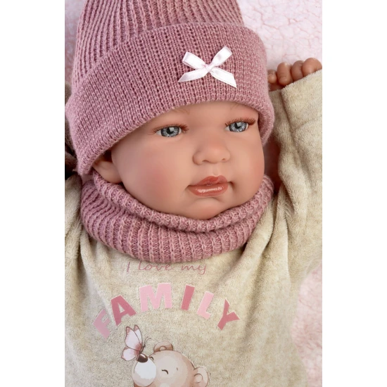 Llorens Babypuppe mit Geräuschen und weichem Körper mit Katzenohren-Mütze 44 cm