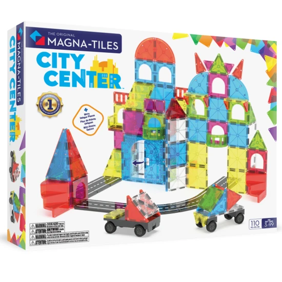 MAGNA-TILES City Center Magnetbausatz – 110 Teile mit Straßen, Treppen, Autos und Stadtelementen