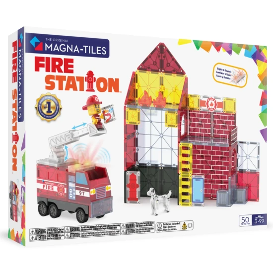 MAGNA-TILES Magnetisches Bauset Feuerwehrwache – Kinderbauset mit Feuerwehrmann, Leiter, Lichtern und Sirene