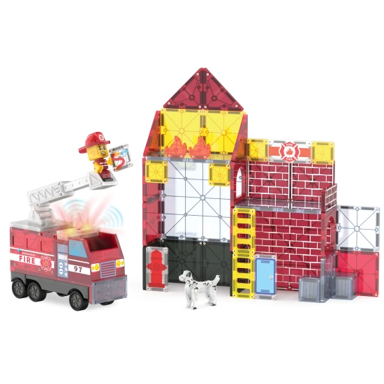 MAGNA-TILES Magnetisches Bauset Feuerwehrwache – Kinderbauset mit Feuerwehrmann, Leiter, Lichtern und Sirene