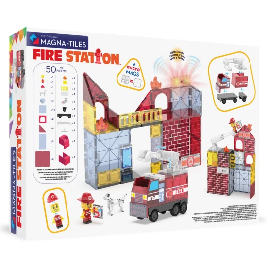 MAGNA-TILES Magnetisches Bauset Feuerwehrwache – Kinderbauset mit Feuerwehrmann, Leiter, Lichtern und Sirene