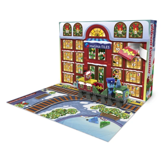 MAGNA-TILES Adventskalender – 34 Teile mit weihnachtlichen Motiven, Figuren und Mikro-Chassis