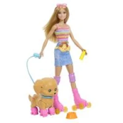 Barbie Puppe mit Hund auf Rollschuhen blond