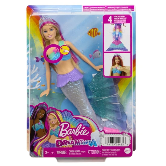 Barbie™ Blinkende Meerjungfrau-Puppe mit einem Perlenschwanz, der in einer von vier Farbshows aufleuchtet, und Accessoires wie Regenbogenflossen und einer Prinzessinnen-Tiara.