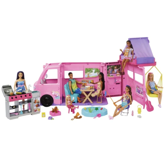 Barbie Traum-Caravan mit Zelt und Zubehör – Spielzeug für Kinder ab 3 Jahren, ideal für Abenteuer und Outdoor-Spiel.