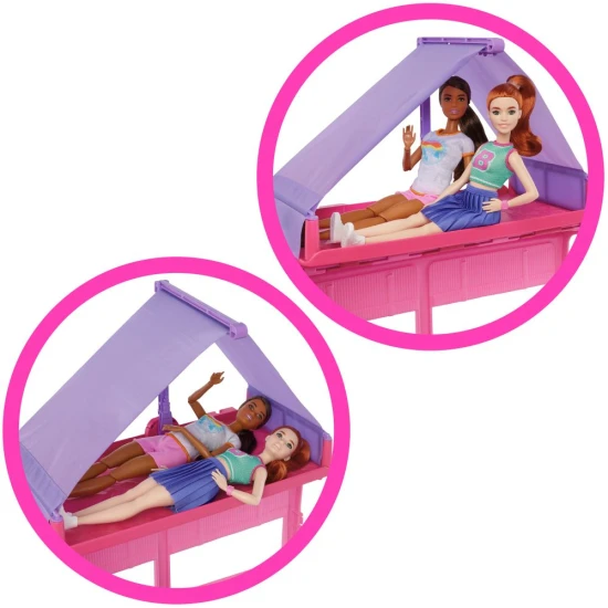 Barbie Traum-Caravan mit Zelt und Zubehör – Spielzeug für Kinder ab 3 Jahren, ideal für Abenteuer und Outdoor-Spiel.
