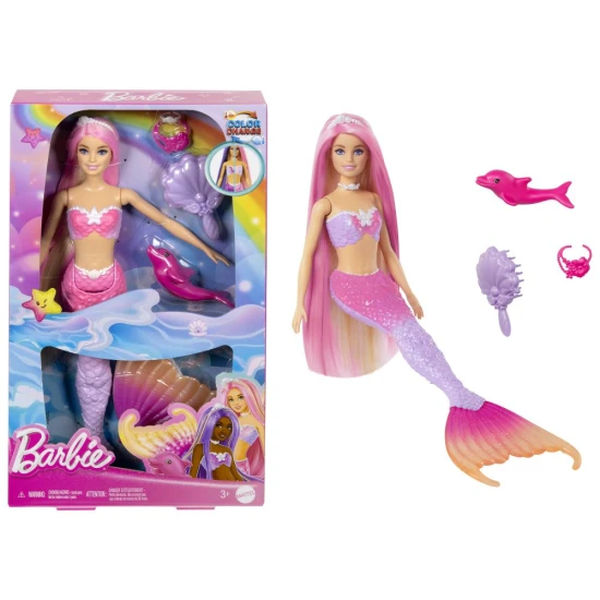 Barbie Meerjungfrau aus dem Film Barbie und das magische Talent mit Farbwechsel-Schwanz, langem Haar, Styling-Accessoires und Ozean-Tierchen – Spielzeug für Kinder ab 3 Jahren.