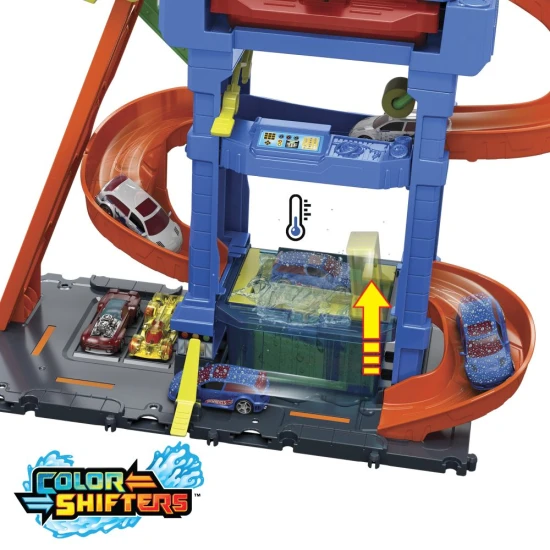 Hot Wheels City Color Shifters Autowaschanlage mit drehbarem Tunnel und Farbwechsel