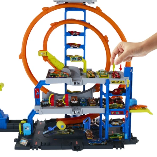 Hot Wheels City Maxi Garage mit drei Etagen, Abwurfmechanismus und funktionierender Waschanlage