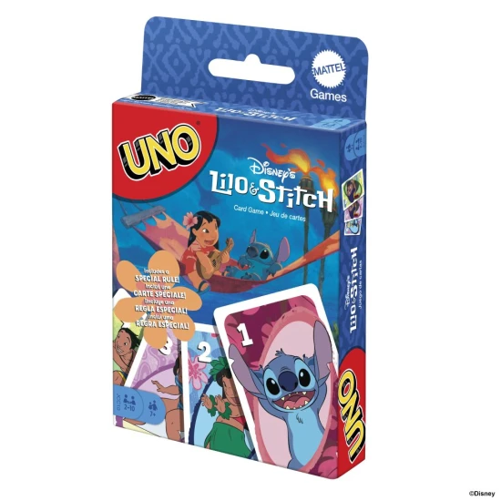 Ein UNO-Kartenspiel „Lilo und Stitch“ mit einer speziellen Ohana-Regel, inspiriert vom Disney-Film.