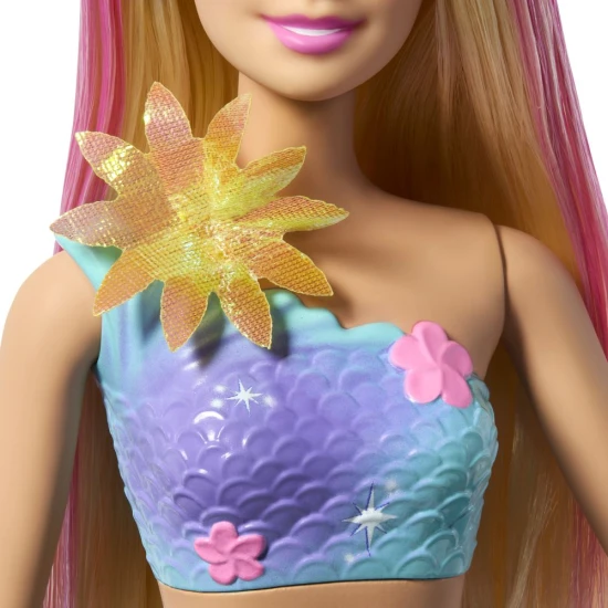 Barbie Meerjungfrau mit Regenbogen-Flossen, magisch blühenden Blumen und Perlen-Stirnband – Spielzeug für Kinder ab 3 Jahren.