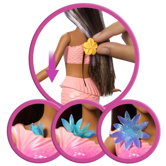 Barbie Meerjungfrau mit Regenbogen-Flossen, blühenden Blumen und Perlen-Stirnband – Spielzeug für Kinder ab 3 Jahren.