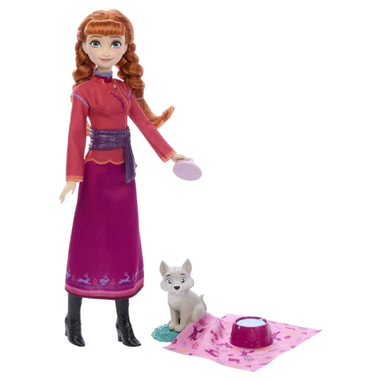 Anna-Puppe aus Disneys Die Eiskönigin mit kleinem Wolfbaby und Zubehör – Frozen Spielset für Kinder ab 3 Jahren.