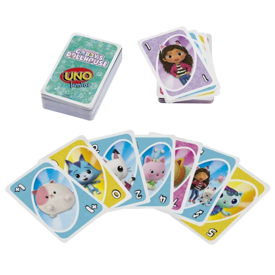 UNO Junior Katzenversion aus Gabby’s Dollhouse Kartenspiel für Kinder mit Charakteren aus der animierten Serie
