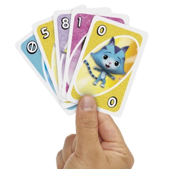UNO Junior Katzenversion aus Gabby’s Dollhouse Kartenspiel für Kinder mit Charakteren aus der animierten Serie