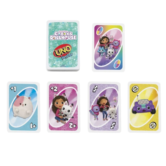 UNO Junior Katzenversion aus Gabby’s Dollhouse Kartenspiel für Kinder mit Charakteren aus der animierten Serie