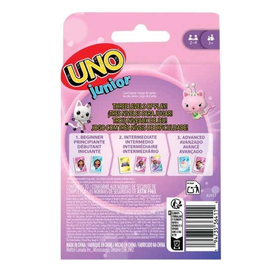 UNO Junior Katzenversion aus Gabby’s Dollhouse Kartenspiel für Kinder mit Charakteren aus der animierten Serie
