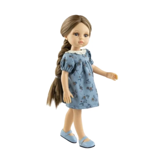 Realistische Laura-Puppe mit langen hellbraunen Haaren und blauem Kleid