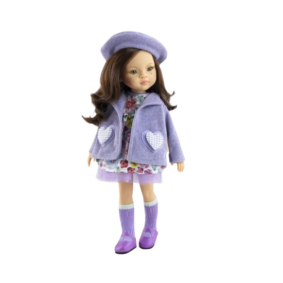 Realistische Sofia-Puppe 32 cm mit braunem Haar, blauen Augen, in einem geblümten Kleid, lila Mantel und Baskenmütze von Paolo Reino.