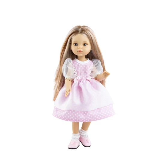 Realistische Puppe Miriam 32 cm mit dichtem hellem Haar, bekleidet mit einem rosa-weißen Kleid, ideal für Rollenspiele.