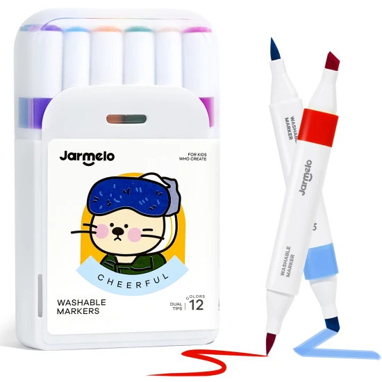 Jarmelo Doppelspitzenmarker in tragbarer Box – 12 Farben, Pinsel- und grobe Spitze, ungiftig und abwaschbar