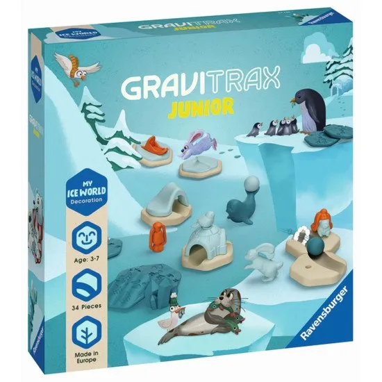 GraviTrax Junior Eiswelt: Kugelbahn mit Deko-Elementen und Tierfiguren aus einer Winterumgebung.