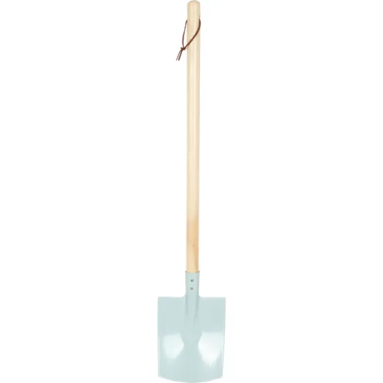 Hellblaue Kinderschaufel mit Holzstiel - ideal für Garten und Sandkasten.
