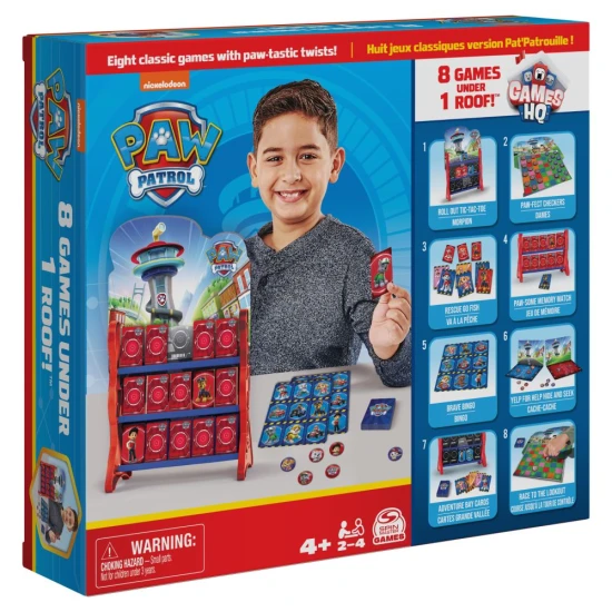 Wachturm der Paw Patrol mit 8 klassischen Spielen, konzipiert für 2–4 Spieler ab 4 Jahren.