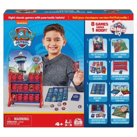 Wachturm der Paw Patrol mit 8 klassischen Spielen, konzipiert für 2–4 Spieler ab 4 Jahren.