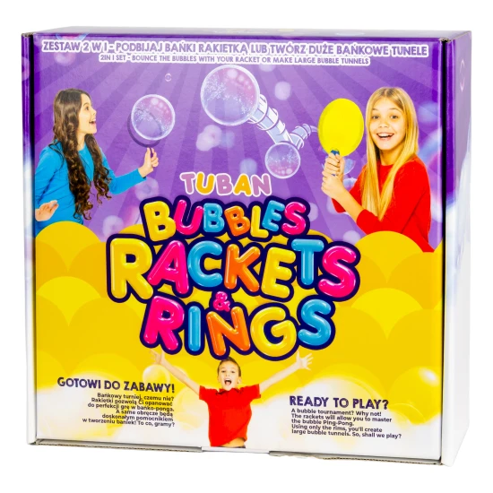 Set zur Herstellung von Seifenblasen. Inklusive Schläger, Reifen und Flüssigkeit.