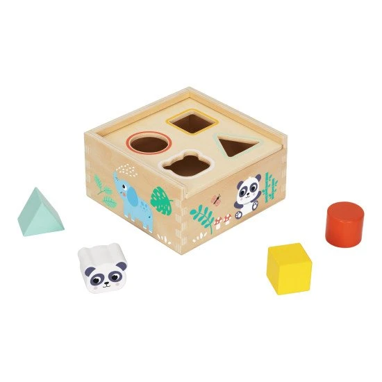 Holzeinsatz mit pastellfarbenen geometrischen Formen von Tooky Toy.