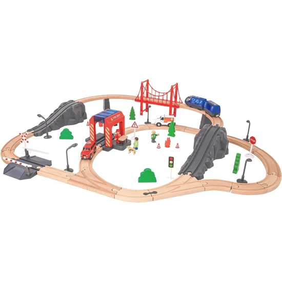 XXL-Holzeisenbahn für Kinder mit Feuerwehr- und Personenzug-Motiv