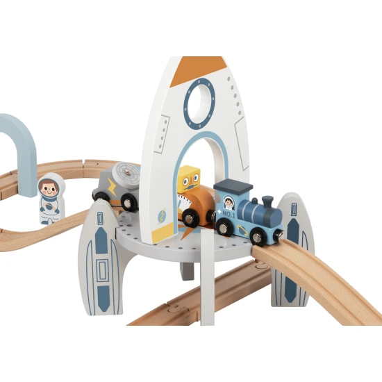 Raumbahnstrecke mit Astronauten, UFO und Weltraumrakete.