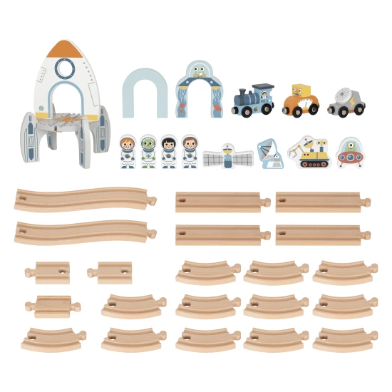 Raumbahnstrecke mit Astronauten, UFO und Weltraumrakete.