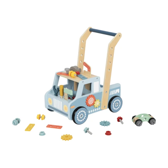 Multifunktionaler Lauflernwagen aus Holz mit Aktivitäten und Werkzeugen von Tooky Toy.