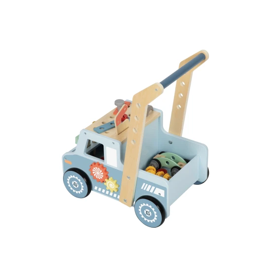 Multifunktionaler Lauflernwagen aus Holz mit Aktivitäten und Werkzeugen von Tooky Toy.