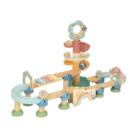 Kugelbahn aus Holz mit Rutsche und funktionsfähigem Xylophon.