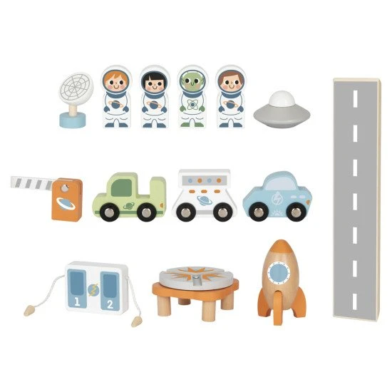 Raumstation aus Holz in Pastellfarben mit Startrampe von Tooky Toy