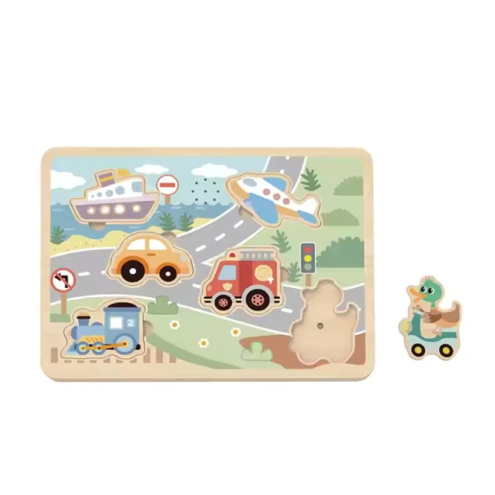 Fügen Sie ein Puzzle mit Geräuschen von Fahrzeugen in Pastellfarben ein.