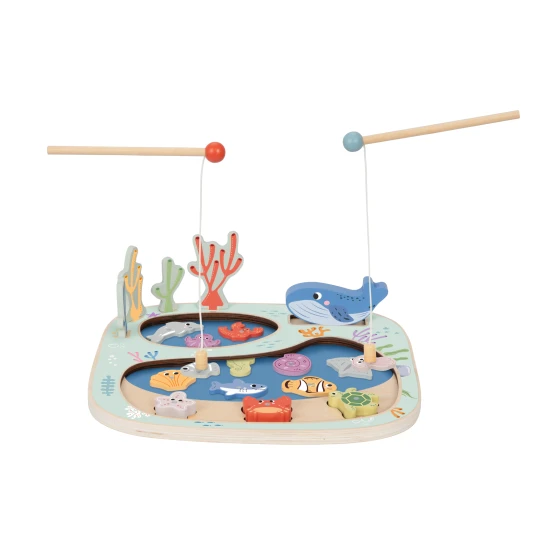 Holzspiel Fischfang und Balancierspiel 2 in 1 von Tooky Toy mit bunten Fischen zum Üben der motorischen Fähigkeiten.