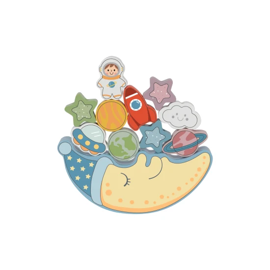 Eine Holzschaukel mit Weltraumwürfeln und Kinderspielzeug zum Balancieren und Bespannen in einem.