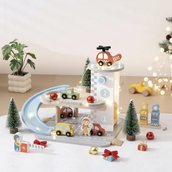 Tooky Toy Holzgarage mit Autos – mehrstöckige Holzgarage mit Rampe, Hubschrauber und Zubehör