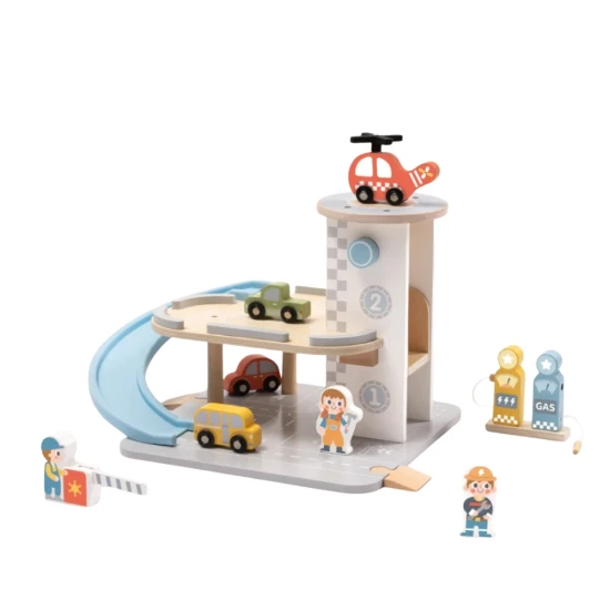 Tooky Toy Holzgarage mit Autos – mehrstöckige Holzgarage mit Rampe, Hubschrauber und Zubehör
