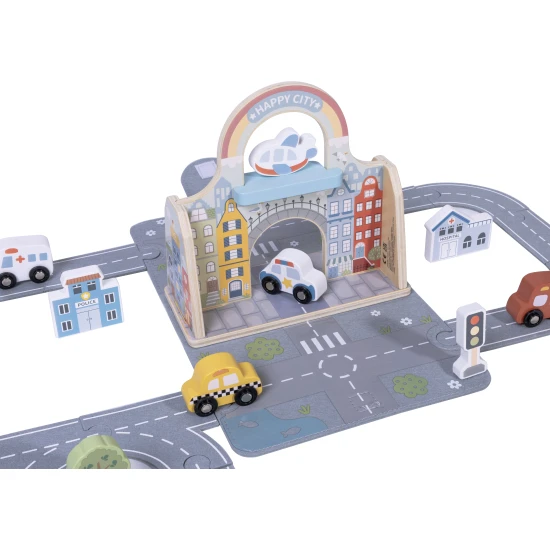 Stadtset im Koffer mit Rennstrecke von Tooky Toy – Holzstadt mit Straße, Autos und Zubehör