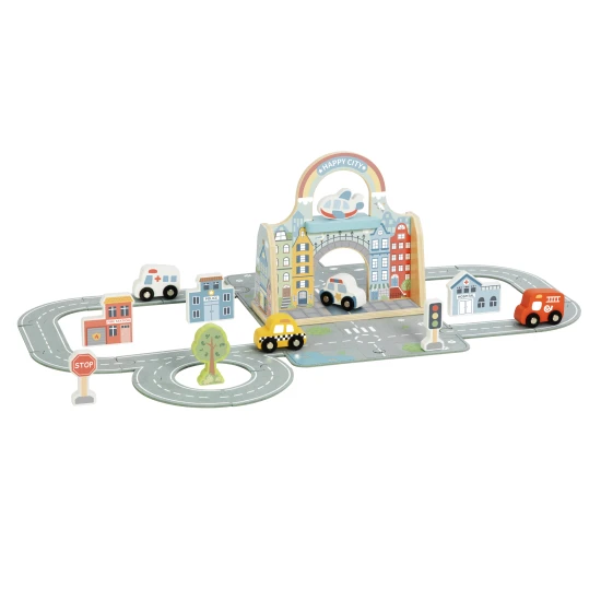 Stadtset im Koffer mit Rennstrecke von Tooky Toy – Holzstadt mit Straße, Autos und Zubehör