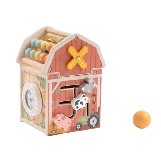Bauernhaus aus Holz von Tooky Toy – Lernspielzeug mit Tieren, Perlen und Windrad